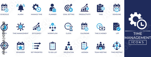 Time management icons featuring clock, planner, task, deadline, calendar, stopwatch, and planning tools. Solid vector glyphs for productivity and business.