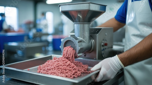 Worker operating a meat grinder producing ground beef in an industrial processing plant.