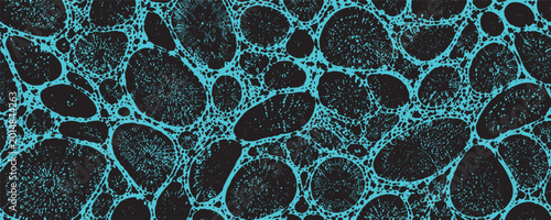 Photography Seamless pattern featuring abstract organic cell-like shapes with a glowing cyan interconnected network against a deep black background, digital art style