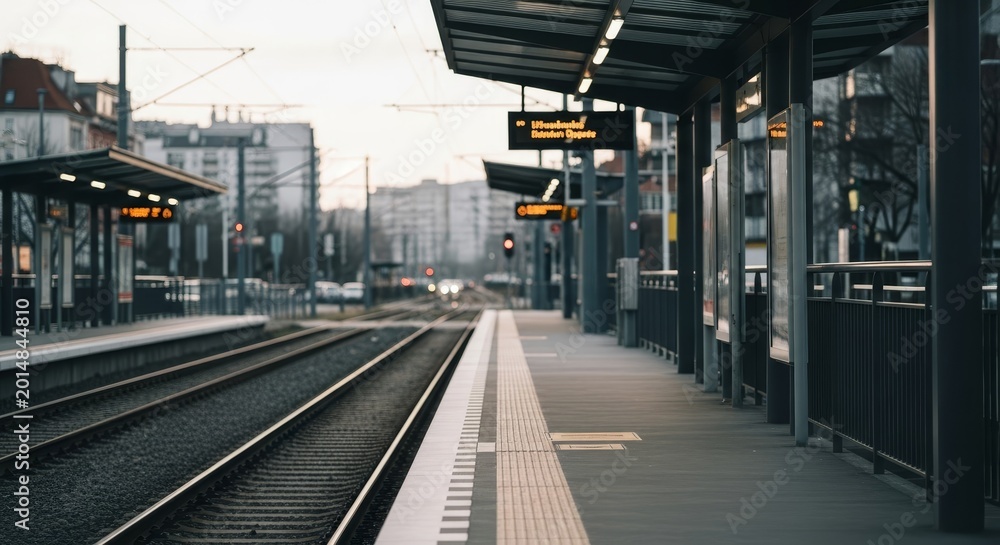 Fototapeta premium Modern Tram Station Platform with Railway Tracks and Overhead Lights in Urban Setting