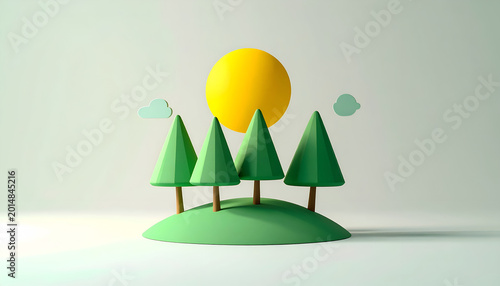 Minimalist 3D Illustration of a Green Hill with Pine Trees and a Yellow Sun.