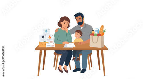 Family struggling with financial difficulties and high cost of living, stressed by utility bills and grocery expenses
