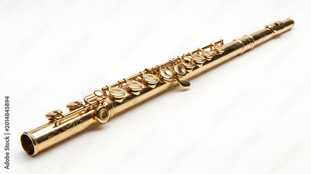 Fototapeta premium Close-up shot of a golden flute against a plain white background, showcasing its intricate design
