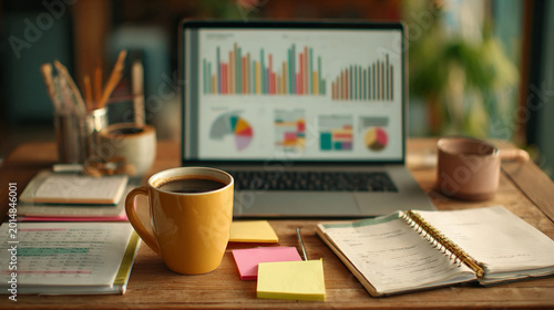 Freelancer reviewing smooth bar charts on laptop with coffee, sticky notes, and planner nearby, symbolizing consistent workflow.