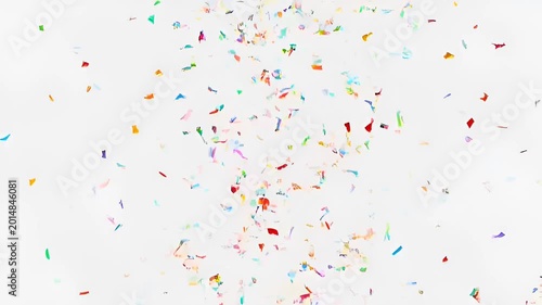 Colorful confetti falling on white background, celebration party streamers. Festive holiday overlay, slow motion video