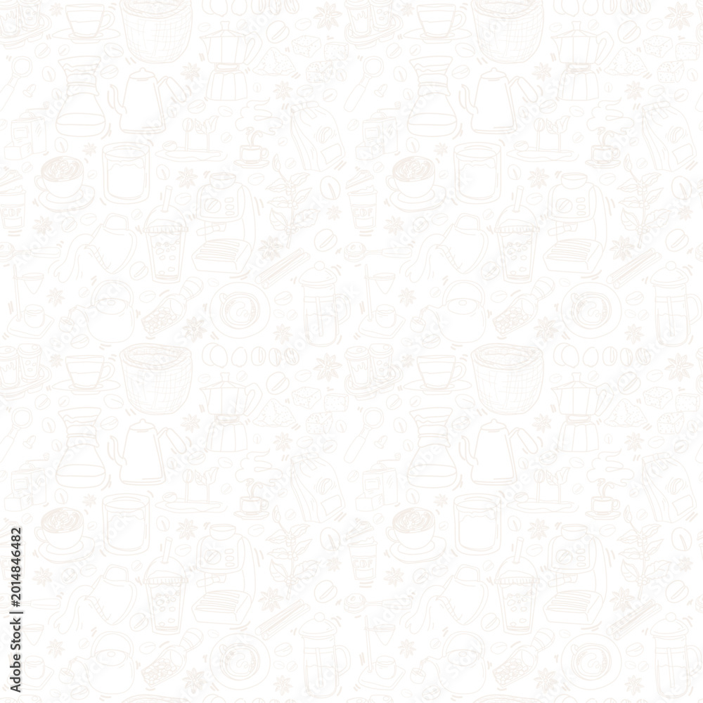 Fototapeta premium Coffee Shop Seamless Pattern with Hand Drawn Beverage and Cafe Icons Background