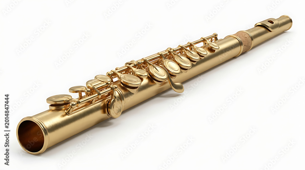Fototapeta premium Golden flute on a white background, a beautiful musical instrument for orchestral performances