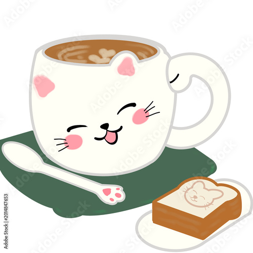 Cute Cat Character Coffee Cup and Toast Illustration