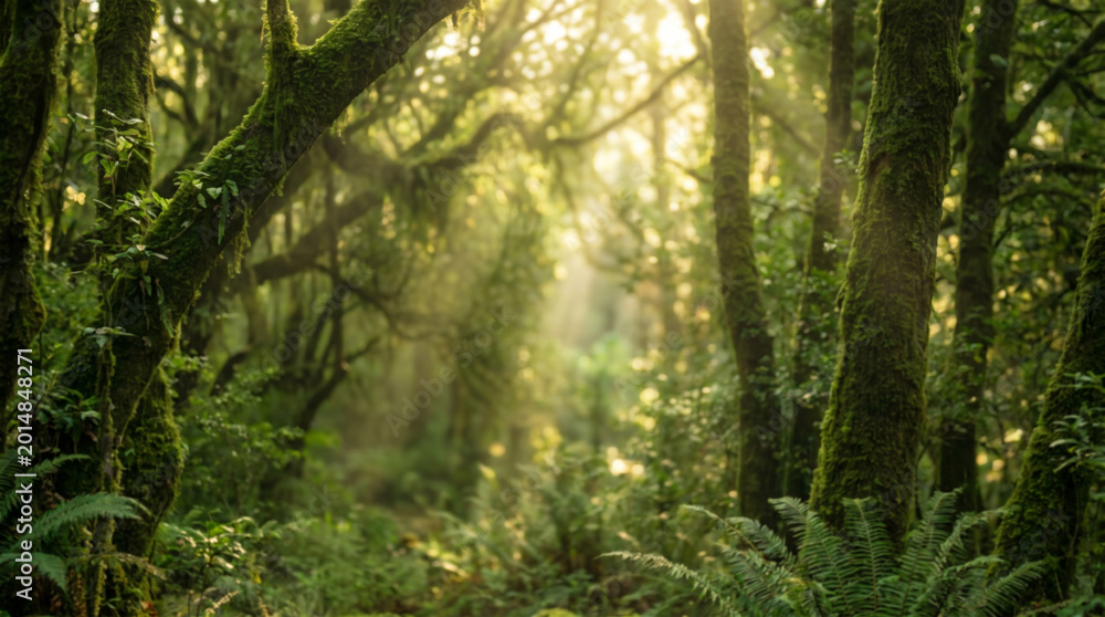 Obraz premium Mystical forest with sun rays illuminating mossy ancient trees