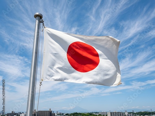 Japanese flag waving national symbol tokyo skyline mount fuji view
