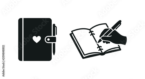 Notebook and hand writing with pen black silhouette icons
