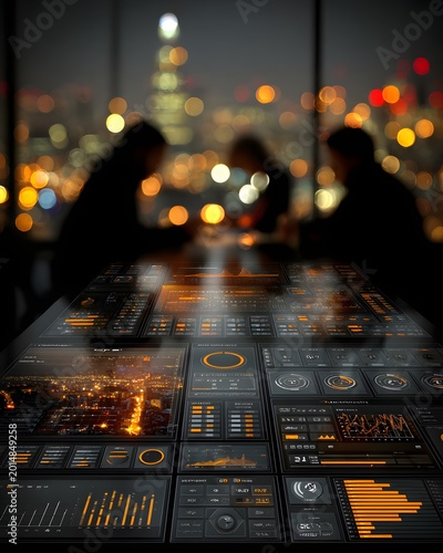 financial dashboard UI on glass surface with city bokeh background, copy space