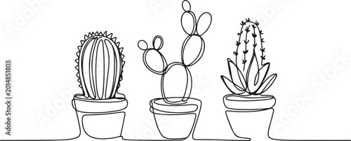 Continuous one Line Drawing of Cacti in Pots. Line Art of Cacti in Pots. one line Icon drawing