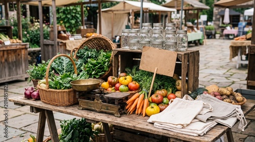 A vibrant outdoor farmer's market table filled with fresh vegetables and fruits, including kale, apples, and carrots, surrounded by natural greenery