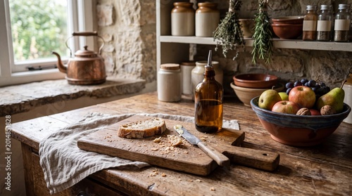 Rustic kitchen pantry countertop featuring sliced bread, olive oil, and fresh fruits with natural light from a window
