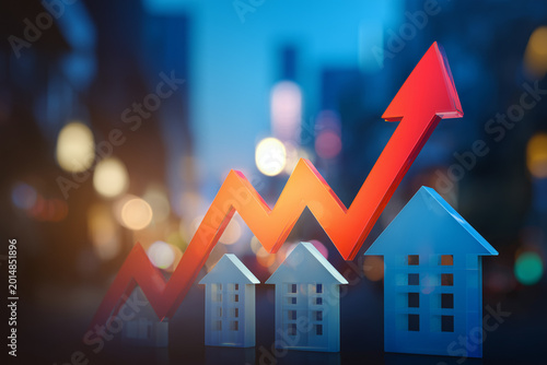 Abstract real estate market growth concept with glowing red upward arrow and miniature house icons, urban housing boom visualization, property investment trend, mortgage inflation background