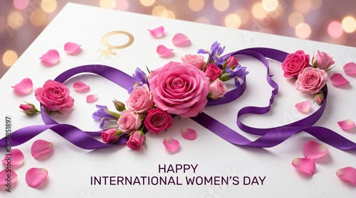Floral heart-shaped wreath with roses and lavender on white background for International Womens Day