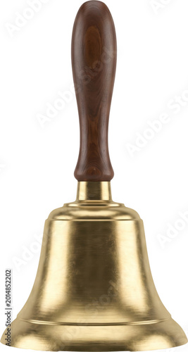 Traditional brass hand bell with wooden handle isolated on transparent background