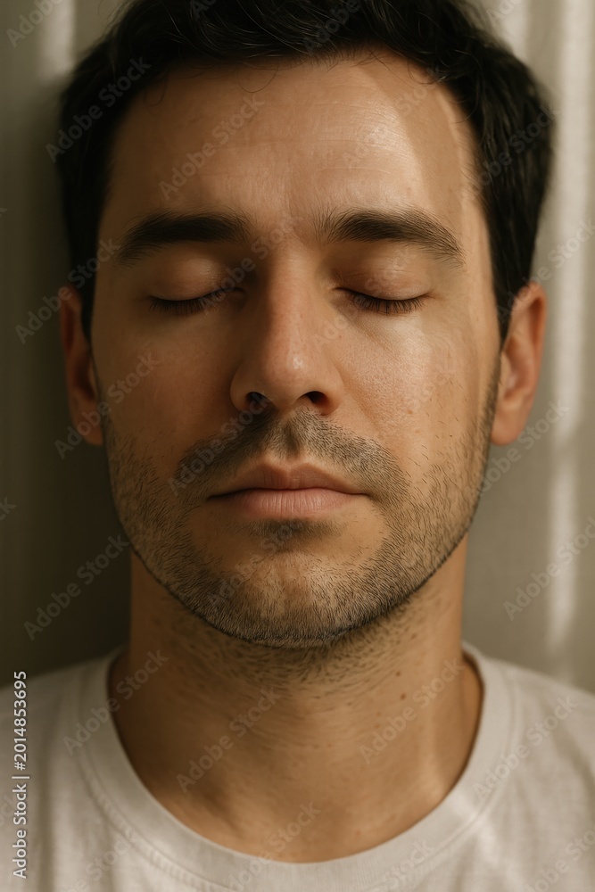 Obraz premium A man with closed eyes resting upright against a pillow, radiating inner peace and calm in soft ambient lighting.