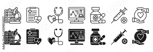 Clinical research icon set. Analysis and evidence symbol