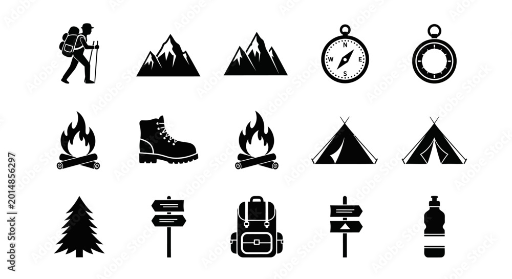 Fototapeta premium Black and white vector illustration of hiking and camping icons