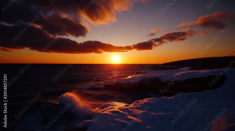 Fototapeta premium Stunning winter sunset over lake with icy shore and dramatic cloud sky