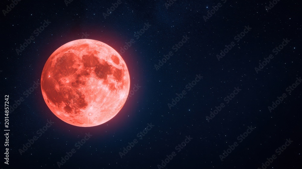 Obraz premium Close up view of bright red full moon in dark starry night sky
