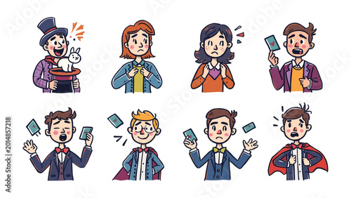 Valokuva Magic Performances: A series of illustrations capturing the art of magic, with magicians, audience expressions, and cards, showcasing wonder, illusion and surprise