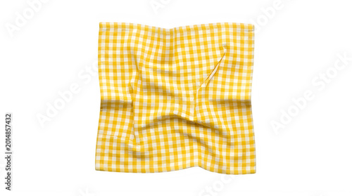 Set of yellow gingham checkered cloth for picnic and domestic kitchen textile branding frontal isolated png on a transparent background perfectly cutout high resolution