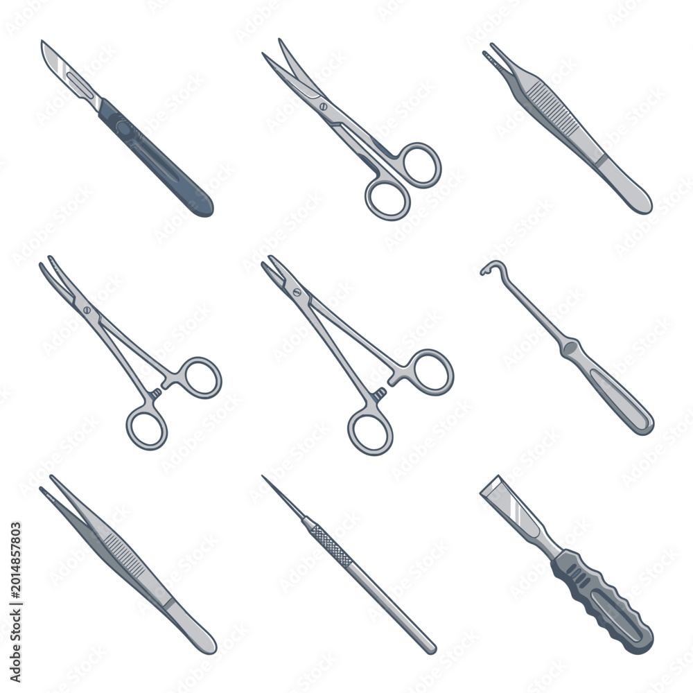 Fototapeta premium Surgical tools and medical instruments on isolated white background for healthcare and hospital use