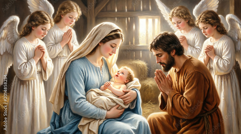 Naklejka premium Holy family in nativity scene shines with starlight, peace, and divine love.