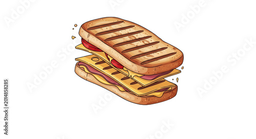 Grilled Panini Sandwich Illustration with Melted Cheese Tomato and Ham Isolated on White Background