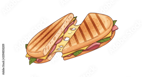 Delicious Grilled Ham and Cheese Panini Illustration with Melted Stretching Cheese Isolated on White Background