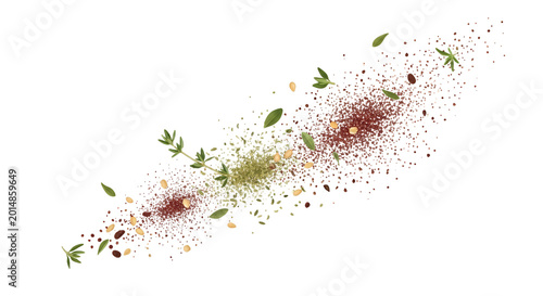 Dynamic Explosion of Spices and Fresh Thyme Herbs Isolated on White Background