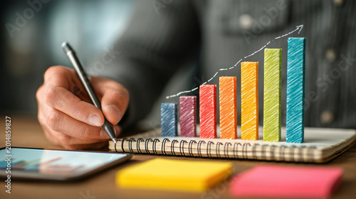 Freelancer sketching bar charts showing sales growth on notebook with tablet and sticky notes beside, symbolizing business expansion.