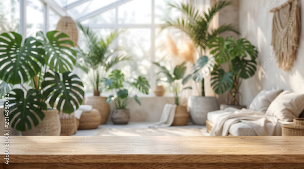 Fototapeta premium Empty wooden tabletop background blurred with bright tropical conservatory greenhouse for product display mockup