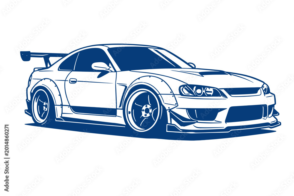 Fototapeta premium Blue vector illustration of a modified Japanese sports car. Street racing drift car with wide body kit and spoiler. JDM tuning culture concept.