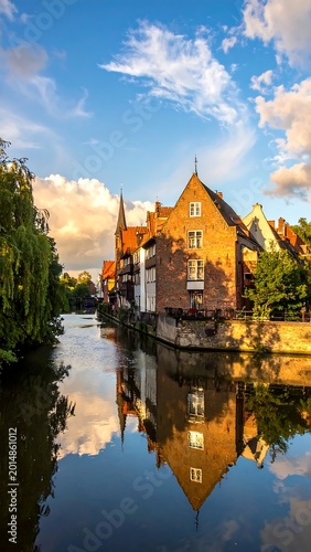 A serene canal scene with a large brick building and its reflection