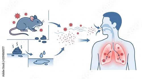 Modern medical infographic illustrating hantavirus transmission from infected field mouse droppings to airborne particles and human lung infection in a clean minimalist vector style.