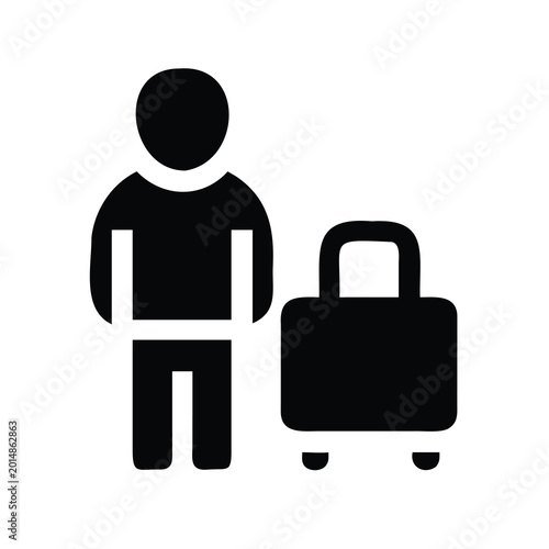 Person with rolling suitcase icon - Minimal black and white vector icon of a person pulling a suitcase, simple and clean design.