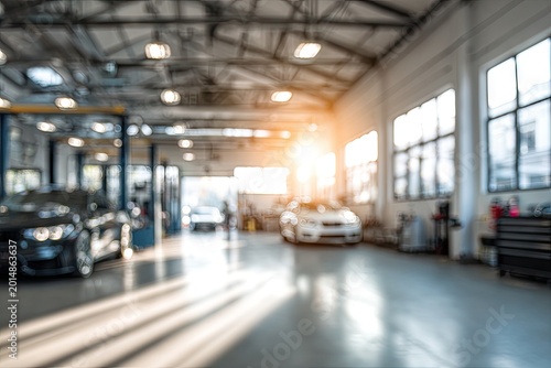 Blurred background of a modern car repair shop with vehicles and sunlight.
