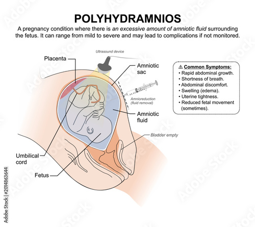 Polyhydramnios, excess amniotic fluid flashcard illustrationa