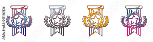 Cuadro en lienzo Set of 3D liquid glass badge, star ribb on badge outline, and star ribb on badge icon isolated on transparent background, symbols for Achievement badge icon collection and design