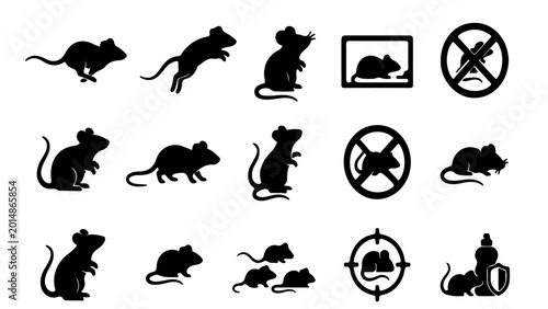 Modern collection of clean minimalist mouse silhouettes in multiple poses designed for healthcare, pest control, infographic, and public awareness projects.