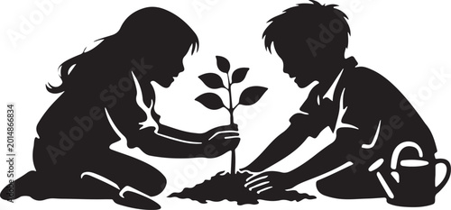 Photos silhouette of siblings planting tree sapling together
