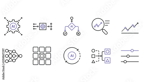 AI Process icon set. Artificial intelligence thinking or processing. Workflow, automation, and Engine. outline design style.