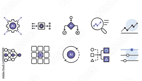AI Process icon set. Artificial intelligence thinking or processing. Workflow, automation, and Engine. mixed design style.