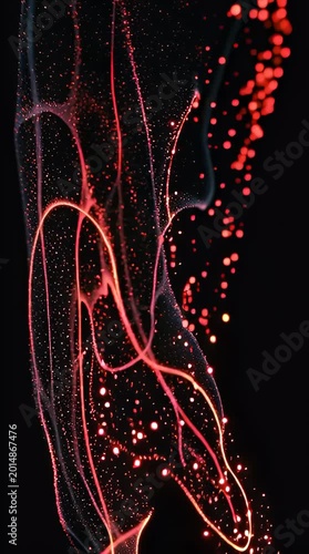 Abstract flowing light trails and particles create a dynamic futuristic visual effect a captivating blend of motion energy and digital artistry against a stark black background