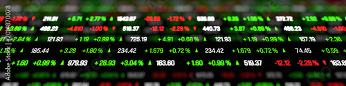 Abstract stock exchange ticker tape, prices and percentage changes, market data. Investing, buying, selling, price up and down, risk, volatile, growth.