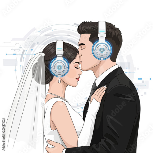 Couple in wedding attire with futuristic headphones and cybernetic elements